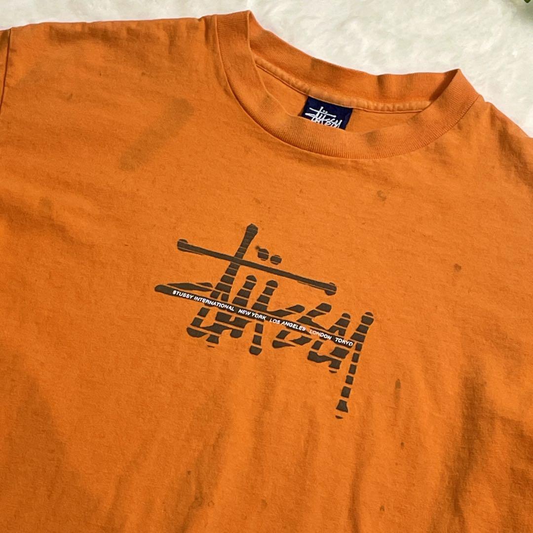90s　オールドステューシー　プリントTシャツ　オレンジ　シングルステッチ　M