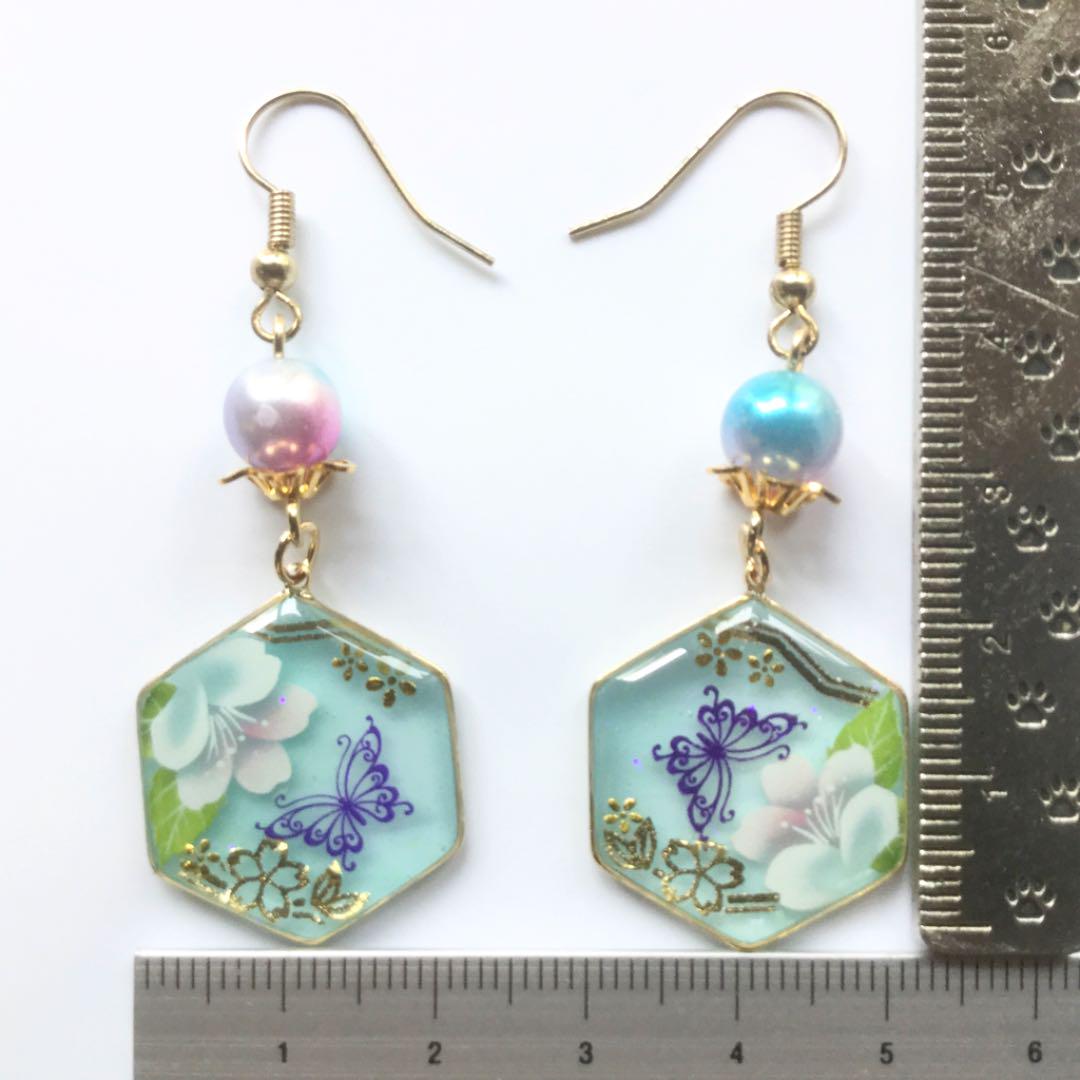 和風 ピアス 大¥800 CmgGk-m59987028575 桜の花と蝶 六角形 HOTお得
