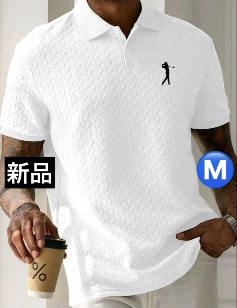 Mサイズ　人気　GOLF メンズ　ロゴ半袖ポロシャツ　ホワイト　白 新品/Mサイズ】メンズ ゴルフウェア 半袖 ポロシャツ シンプル