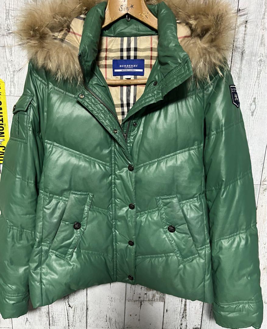 極限定 BURBERRY BLUE LEBEL ダウン ラクーン 狸毛皮 裏総柄