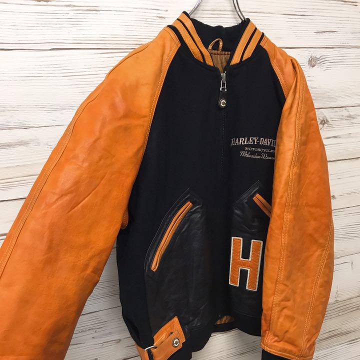 特価新作 希少 ハーレーダビッドソン レザースタジャン L 刺繍デカロゴ オレンジ 黒 ZNywH-m60042400023 高評価お得