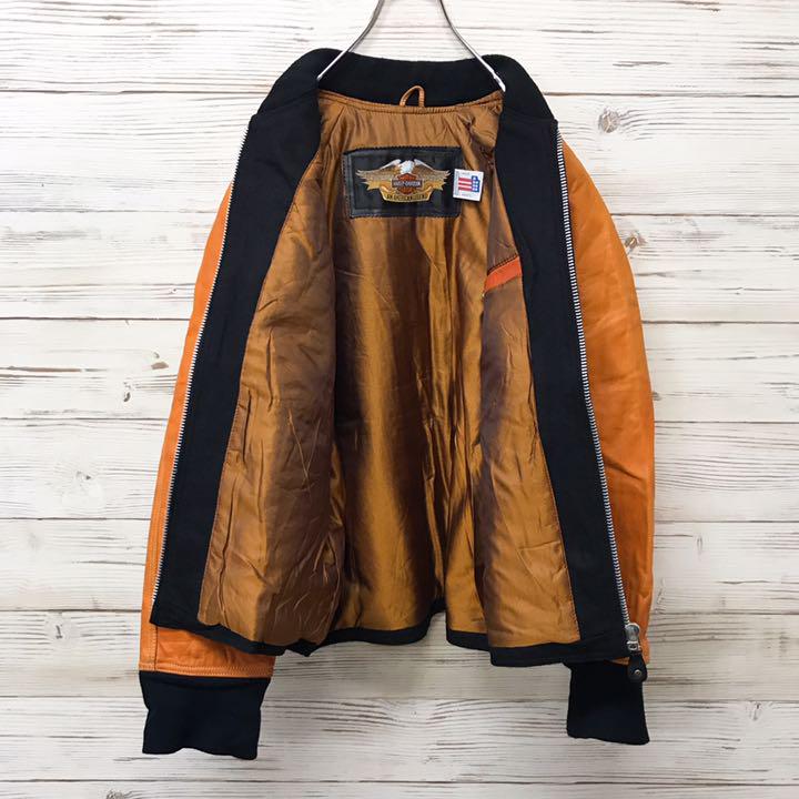 特価新作 希少 ハーレーダビッドソン レザースタジャン L 刺繍デカロゴ オレンジ 黒 ZNywH-m60042400023 高評価お得