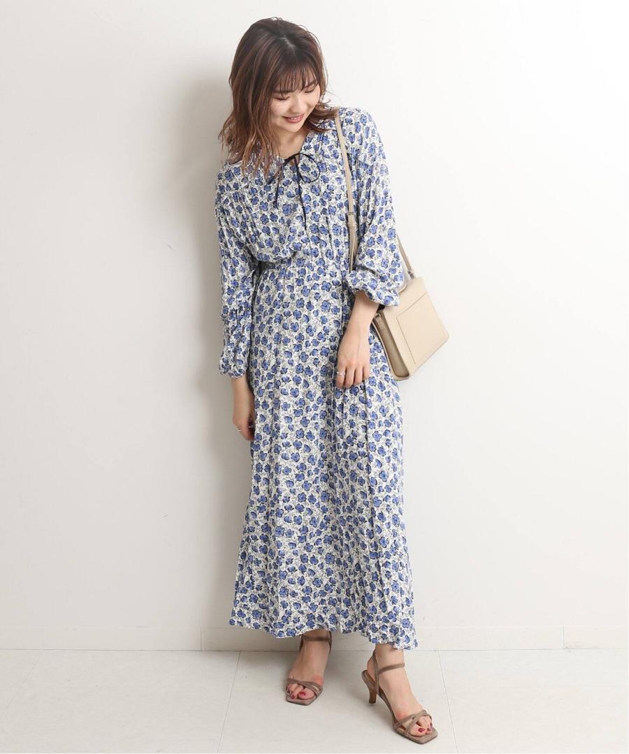 SLOBE IENA Primrose ギャザーネックワンピース サックスブルー