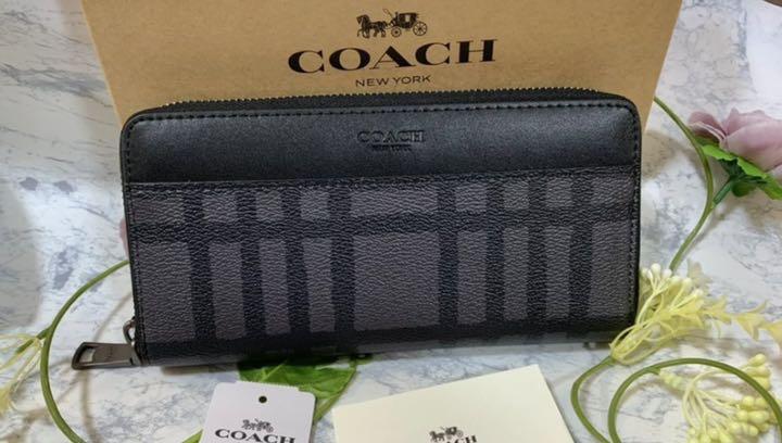 COACH コーチ 長財布 メンズ チェック 灰色 グレー新品