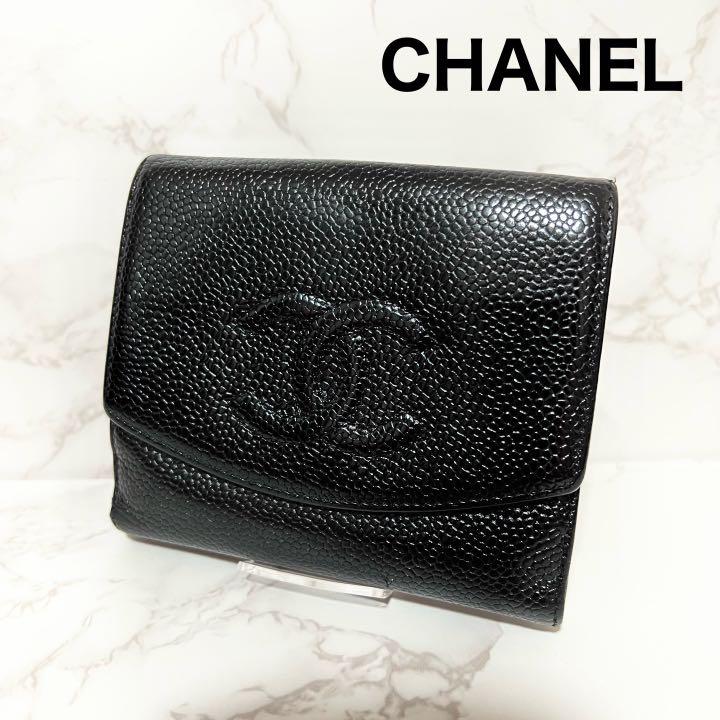 ファッション CHANEL 二つ折り 折り財布 Wホック ココマーク キャビア コンタクト Wホック財布 キャビアスキン ココマーク CHANEL シャネル 折り財布