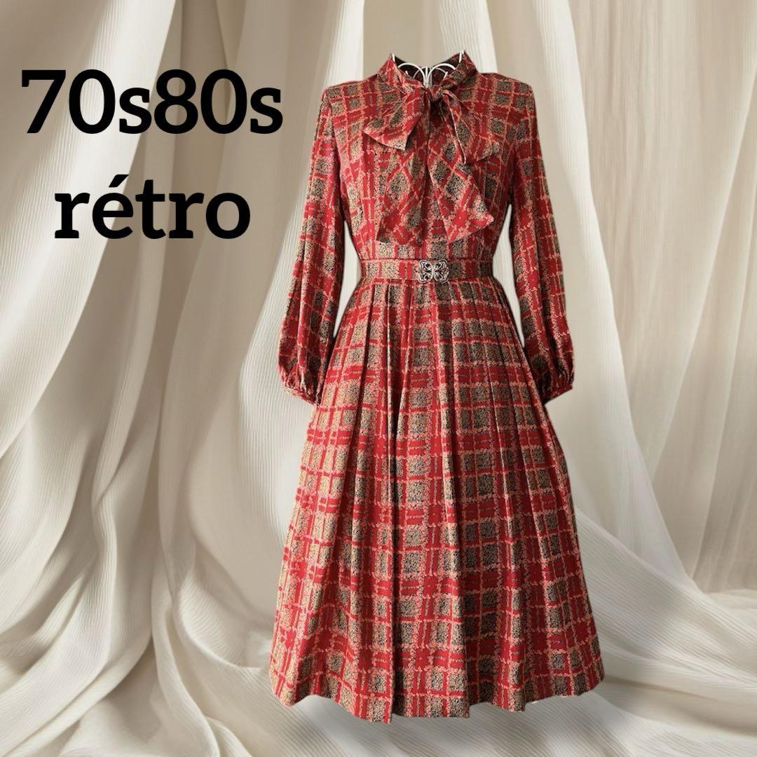70s80s レトロ ヴィンテージ ワンピース　ボウタイ レッド