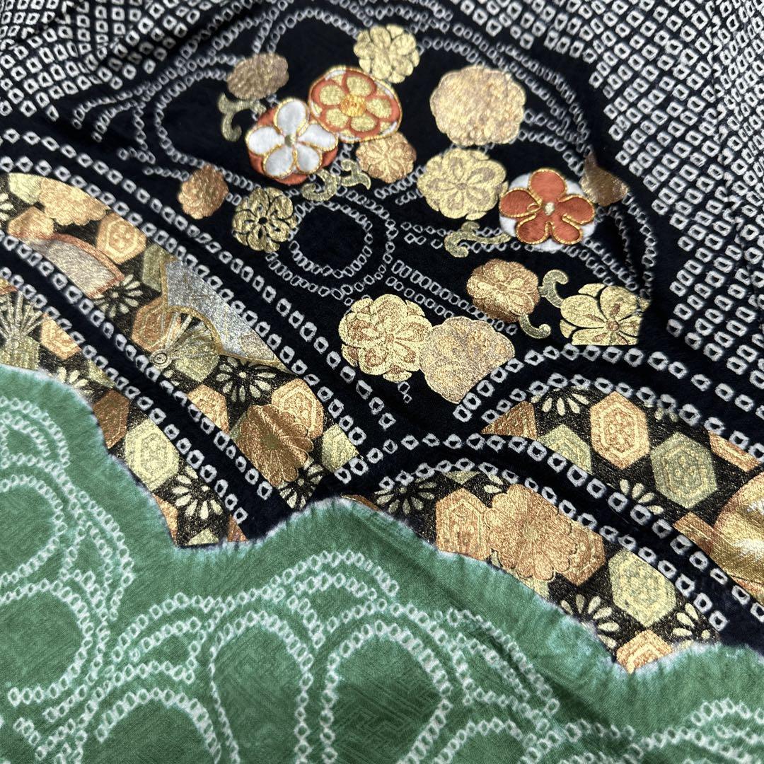 京友禅 黒地×抹茶色 絞り 金彩 刺繍 菊