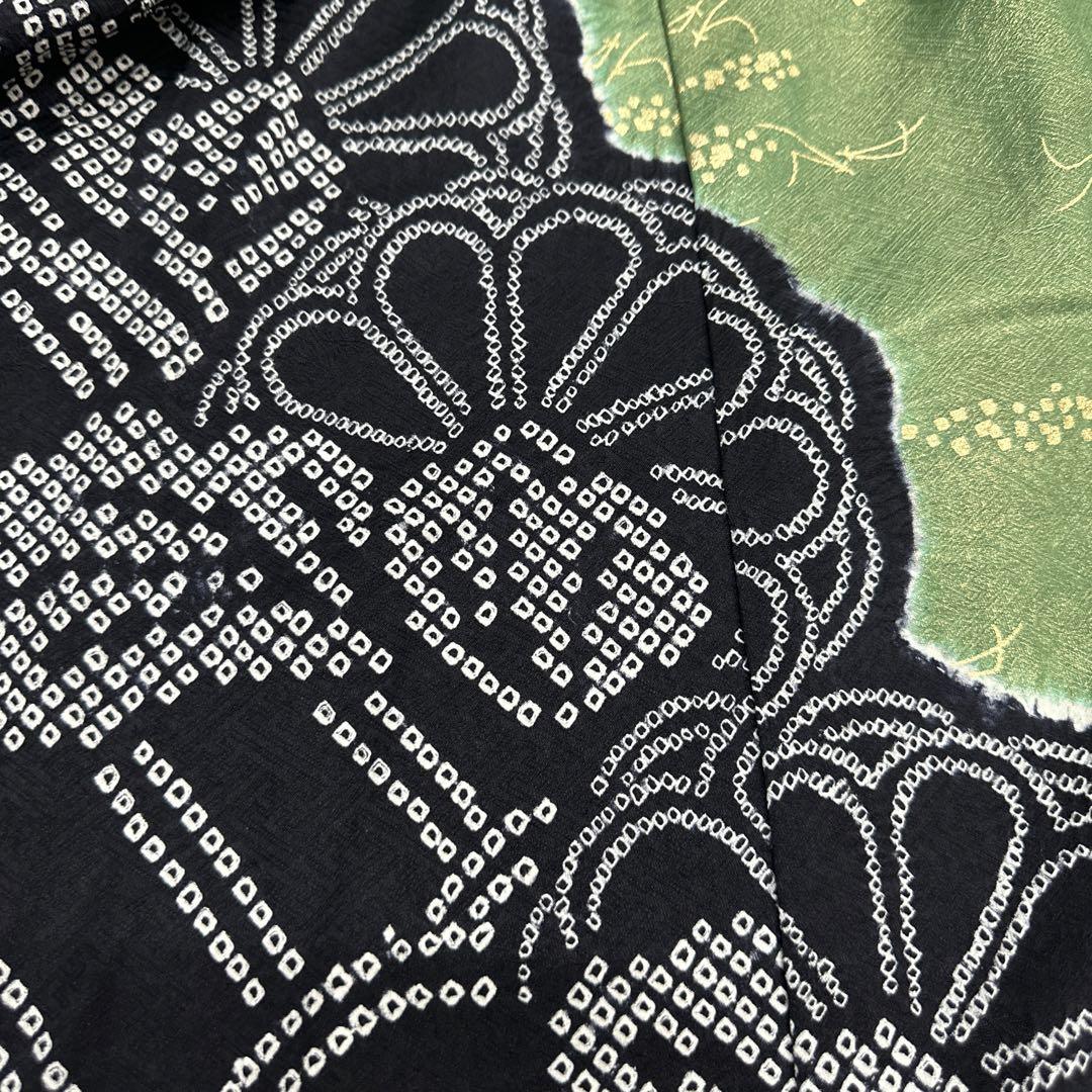京友禅 黒地×抹茶色 絞り 金彩 刺繍 菊
