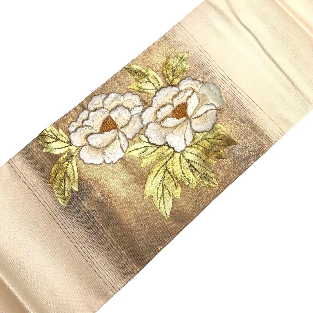 名古屋帯 地紙に花柄模様 刺繍 金駒刺繍 KO-1573