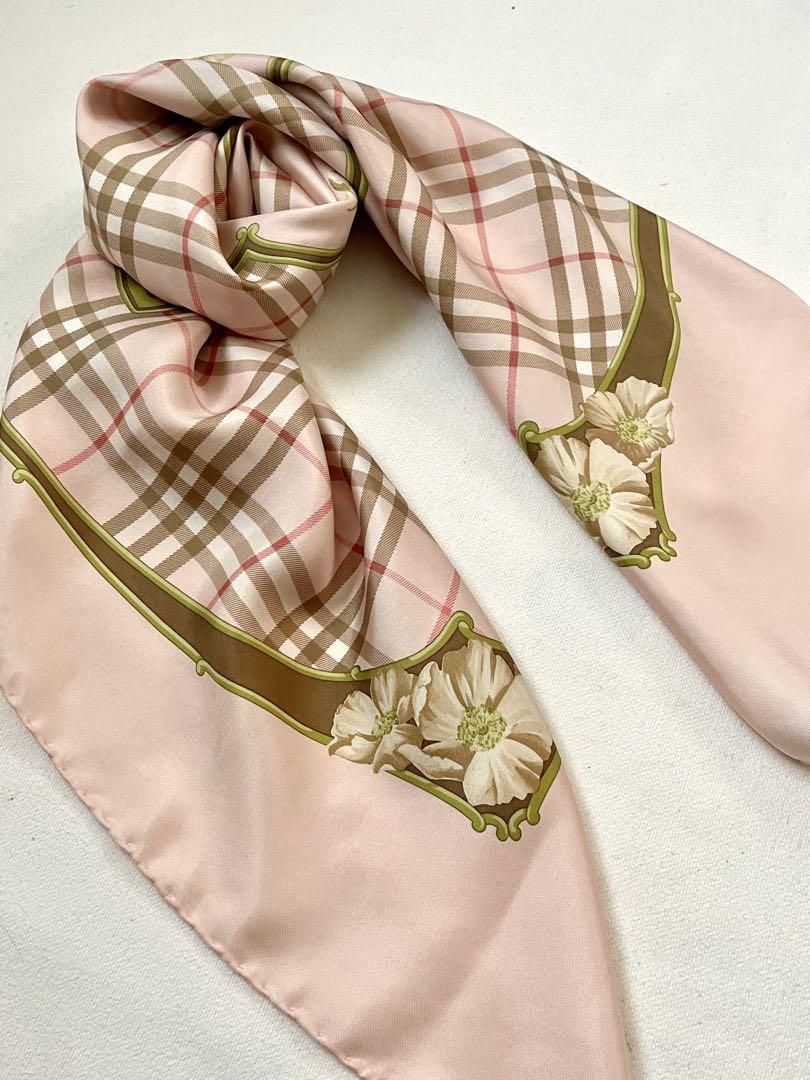 レアカラー　ピンク系　Burberry シルク大判スカーフ　フラワー、チェック柄