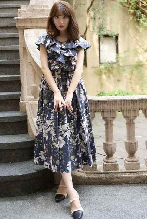 herlipto Anemone Ruffled Long Dress navy
