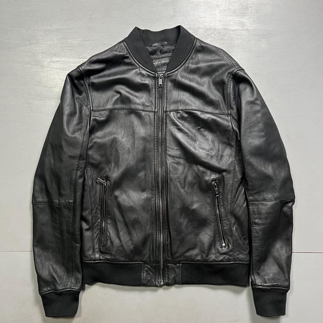 ZARA MAN ラムレザージャケット　ブルゾン　MA-1 ショート丈　短丈　L