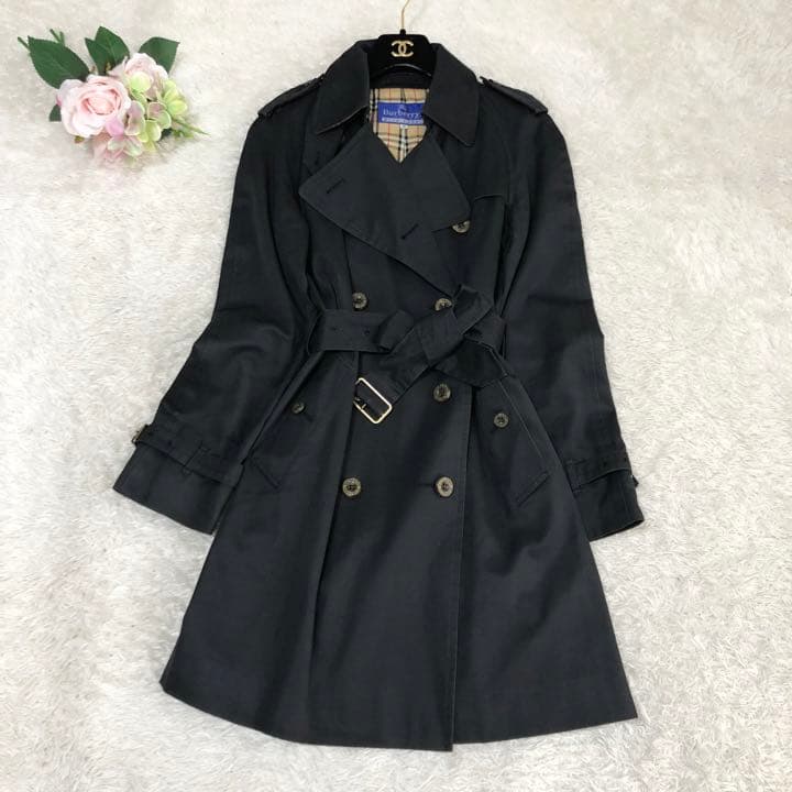 バーバリーブルーレーベル トレンチコート ノバチェック ベルト付き 黒 38