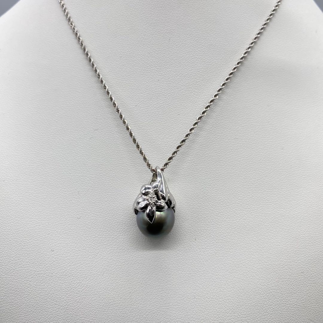 【黒蝶真珠ネックレス】11.8mm K18WG 天然ダイヤモンド 0.04ct