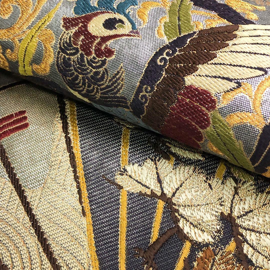 袋帯 鳳凰 扇子 花柄 松 花唐草模様 銀色 金銀糸 O-4929