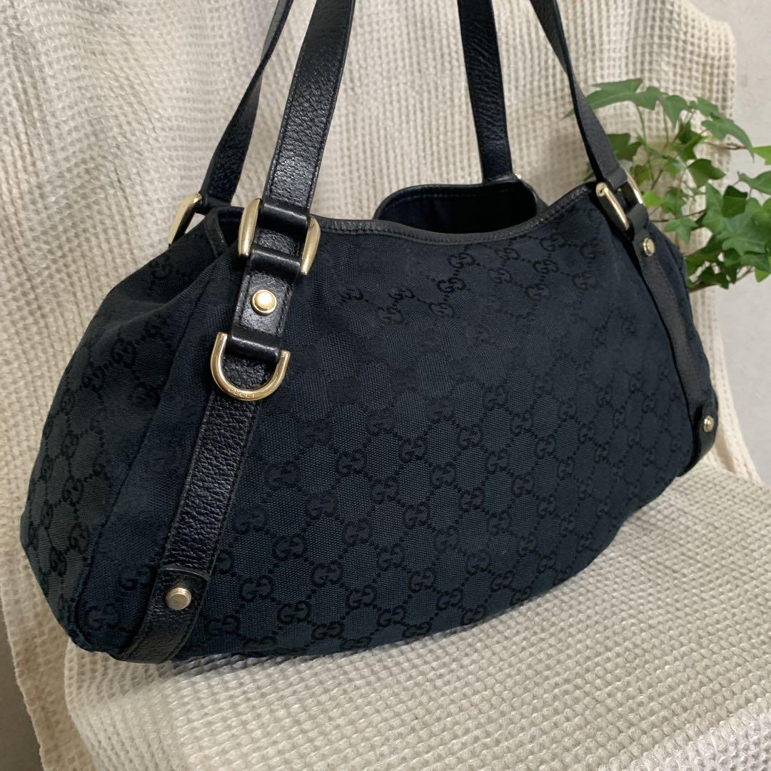 GUCCI GGキャンバス ショルダーバッグ トートバッグ ブラック レザー