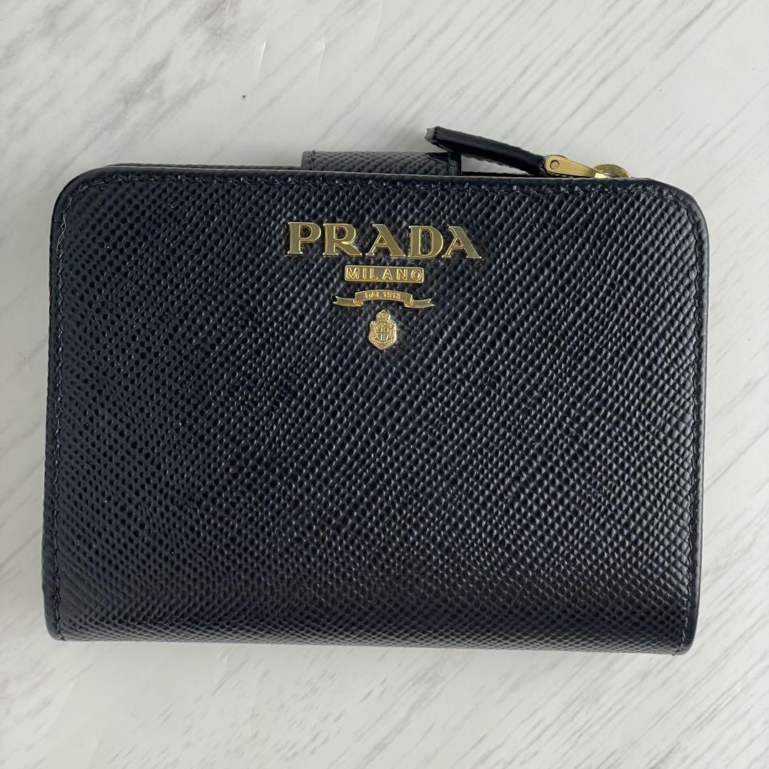 ✨極美✨ PRADA 二つ折り財布 サフィアーノレザー メタル 黒 鑑定済
