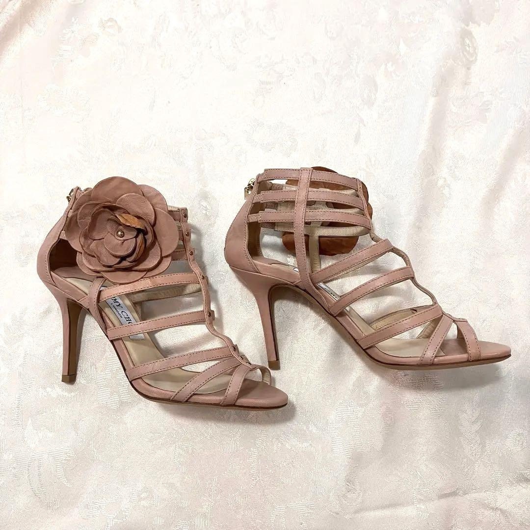 JIMMY CHOO サンダル ピンク ヒール 花 イタリア製 レザー