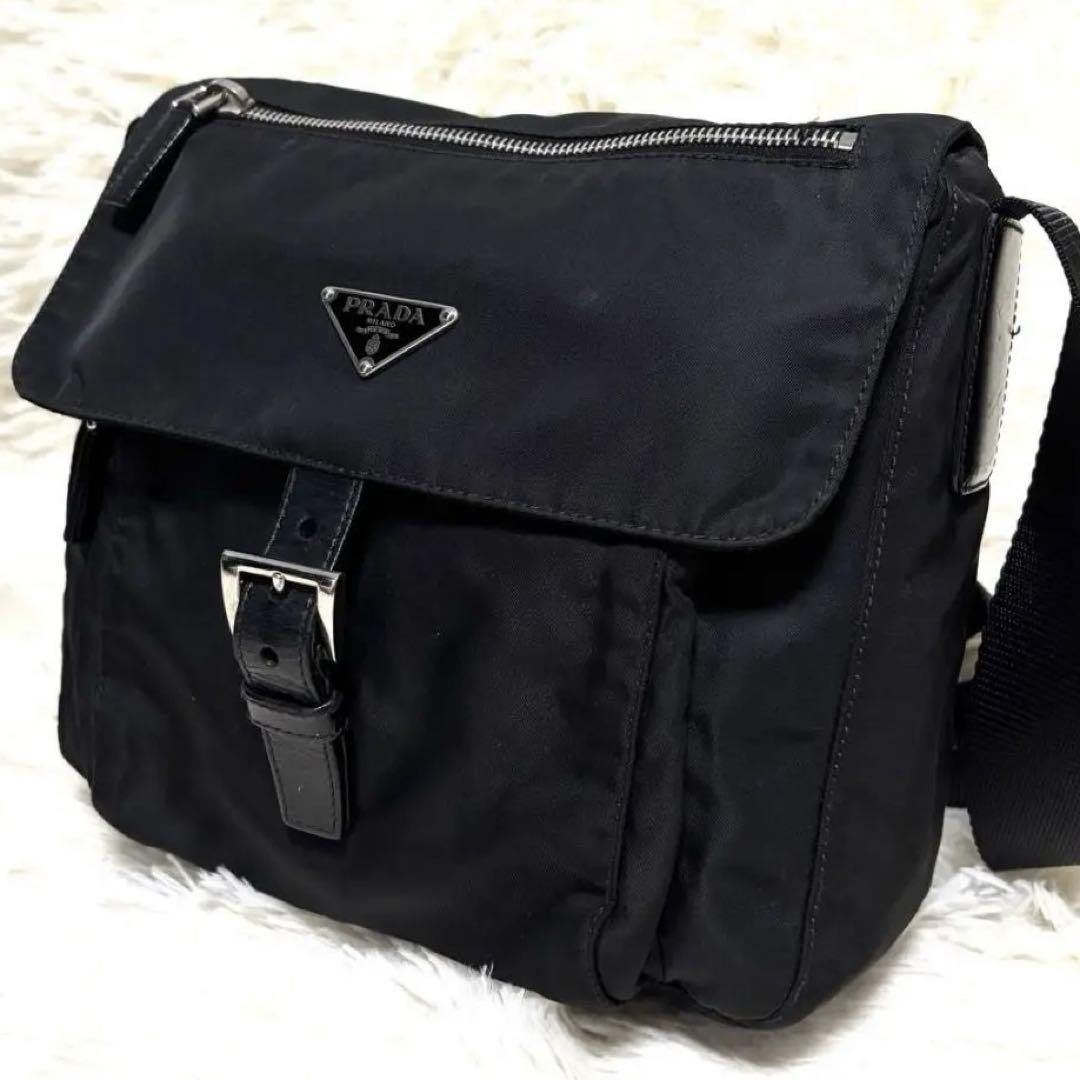 美品 人気 プラダ 23cm ショルダーバッグ 三角ロゴ ブラック ナイロン
