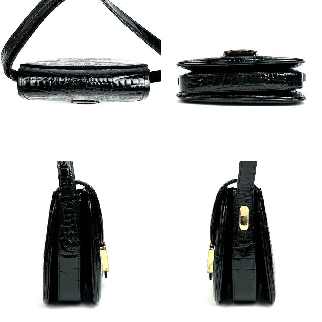 【美品】セリーヌ　ショルダーバッグ　馬車金具　ゴールド金具　クロコ　レザー　黒色