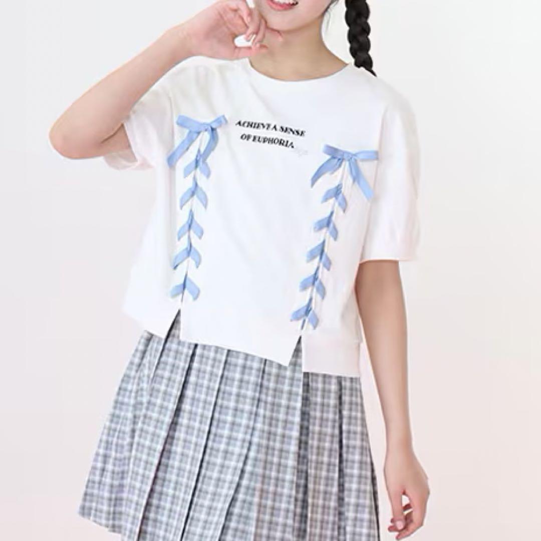 メゾピアノ新品新作タグ付き袖パフレースアップTシャツ160