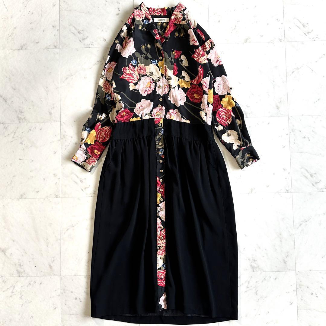 極美品 インゲボルグ 花柄 オープンカラー ロングワンピース 金ボタン ブラック