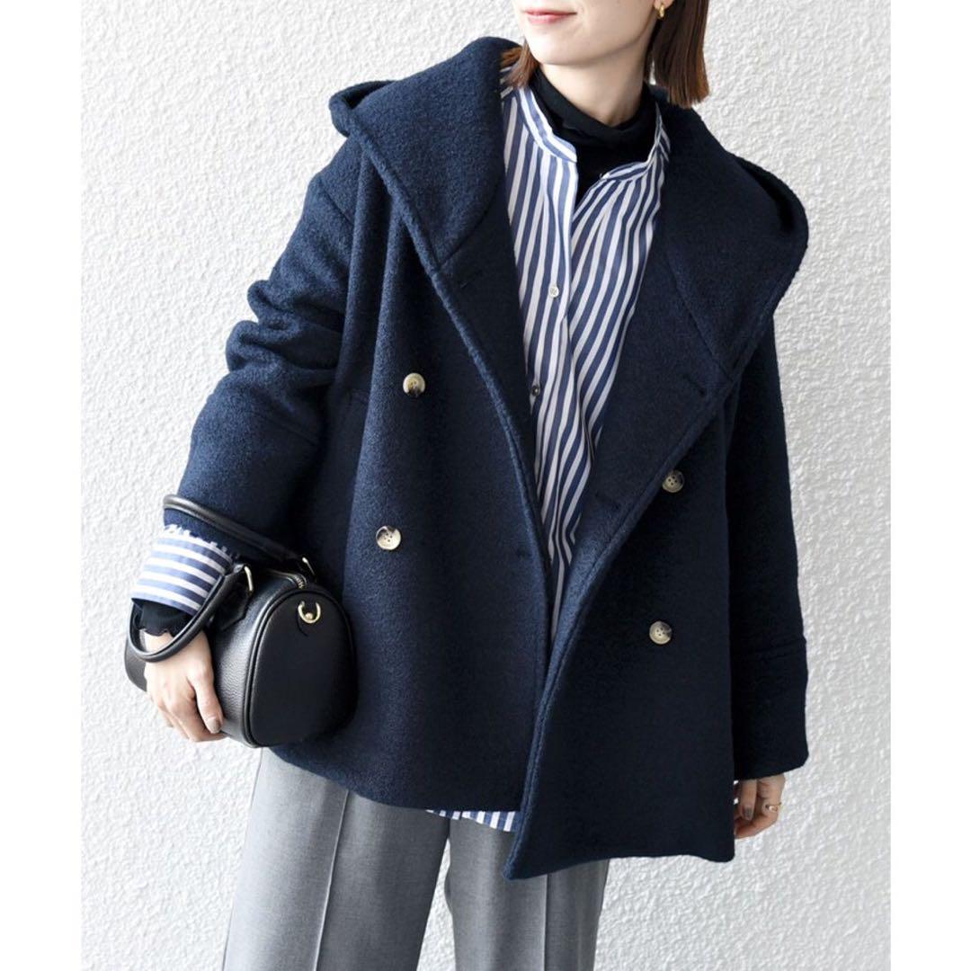 極美品★シップスエニィ ネイビー ナッピング フード ショート コート
