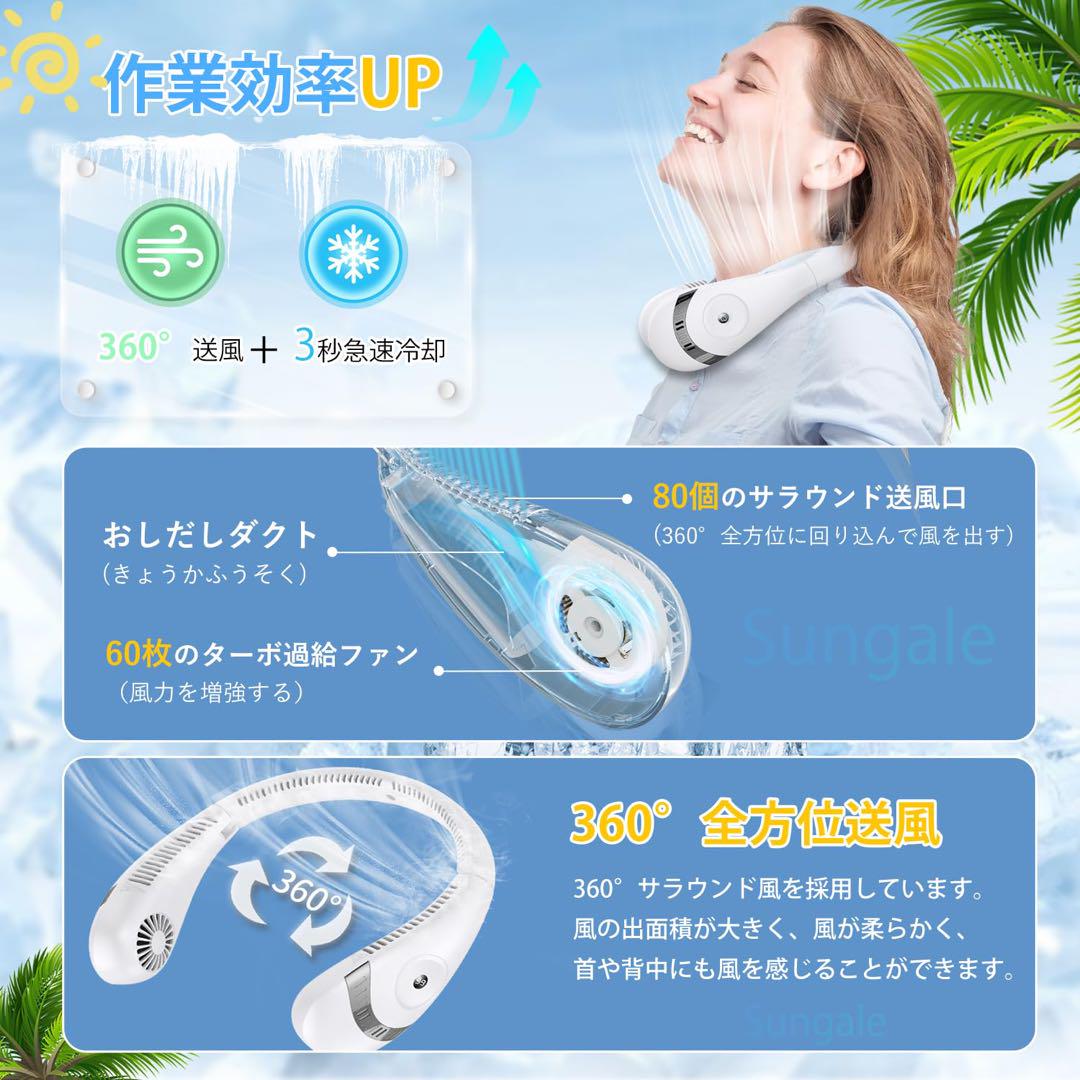 ☘️ 羽なし急速冷却☘️ 【ホワイト】首掛け扇風機 ネッククーラー