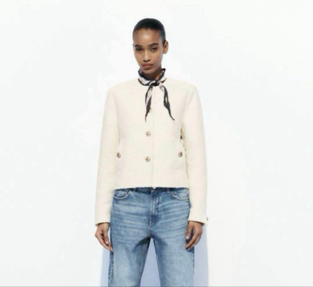 【未使用】ZARA ザラ　ノーカラージャケット　金ボタン　ツイード　ショート