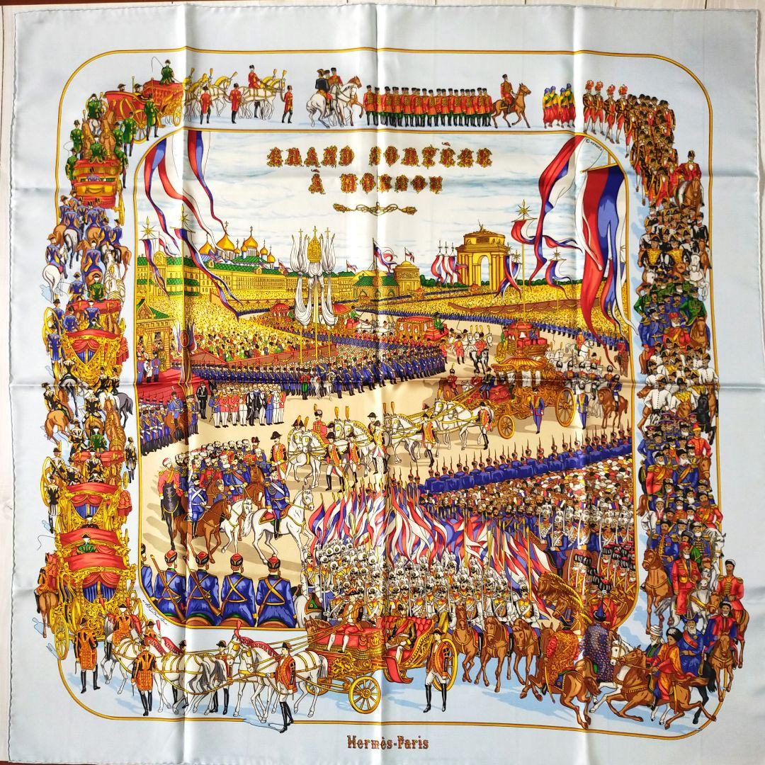 ☘️極美品☘️ HERMES モスクワ大行進 カレ90 ライトブルー ☘️極美品☘️ HERMES モスクワ大行進 カレ90 ライトブルー