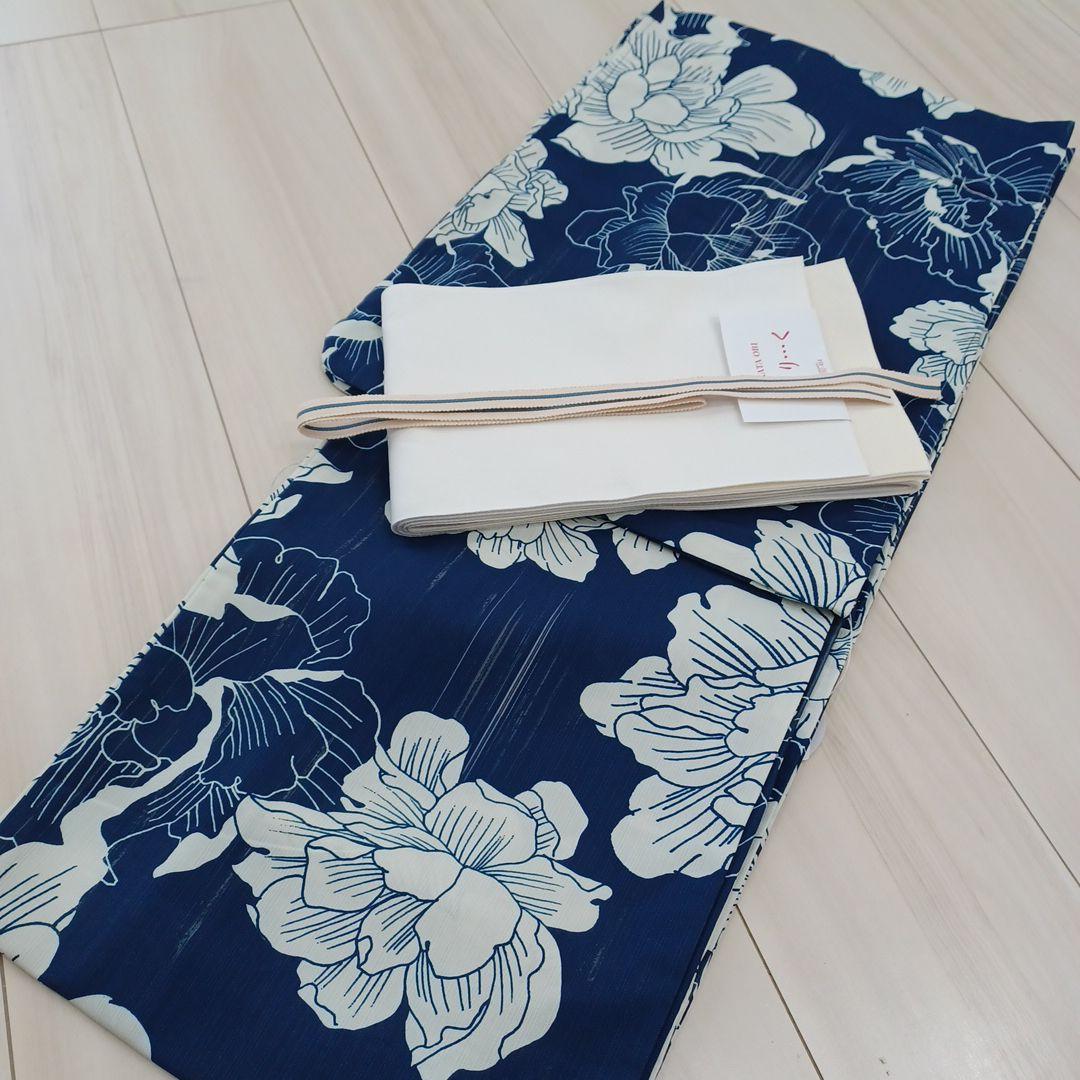 新品☆呉服屋♪吸水速乾！大人上品な牡丹 濃紺スレンダー夏着物