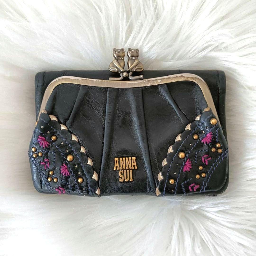 ✨極美品✨ビンテージ加工アナスイがま口✨折り財布✨猫✨トークトゥーハー✨ブラック