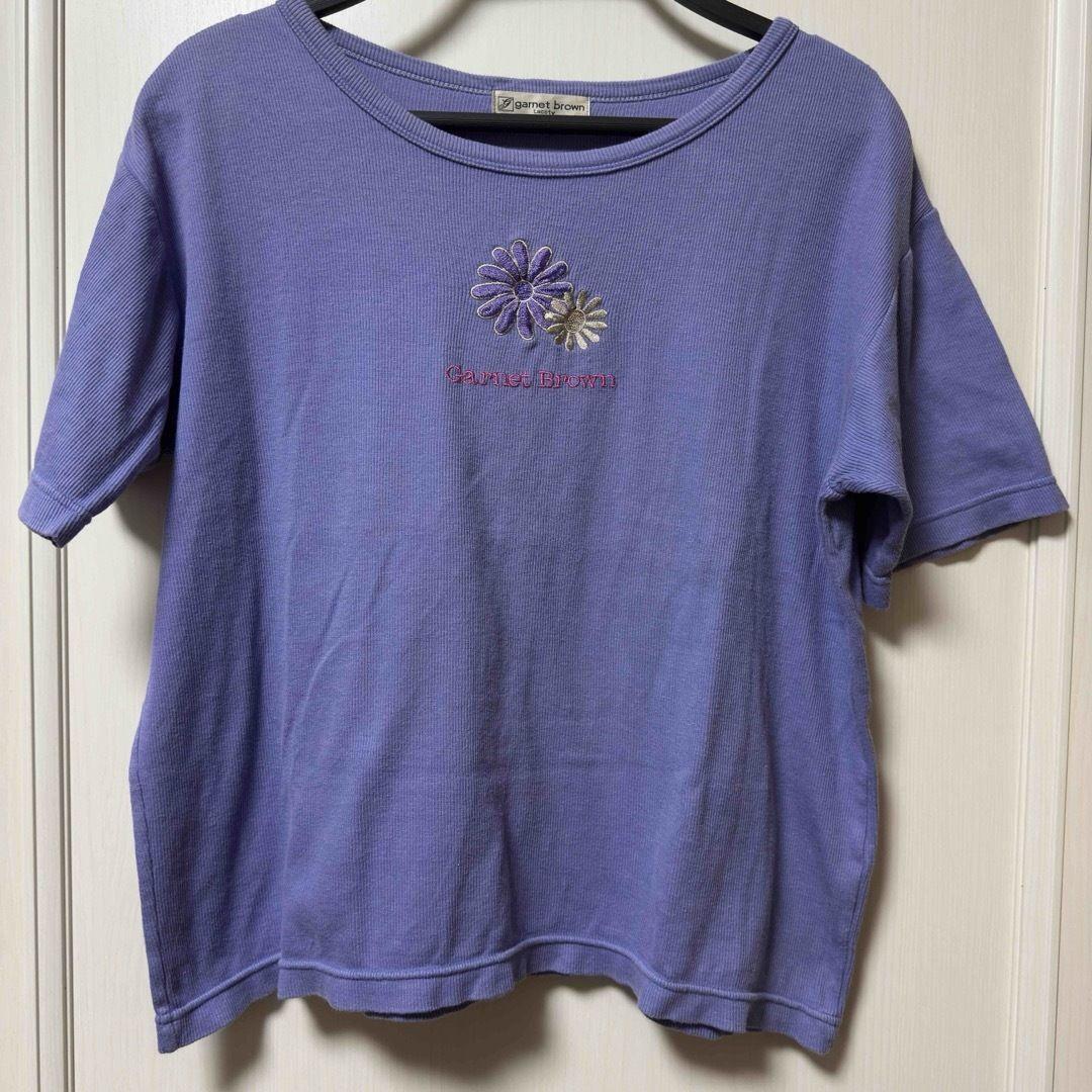 パープル 花の刺繍 Tシャツ 半袖