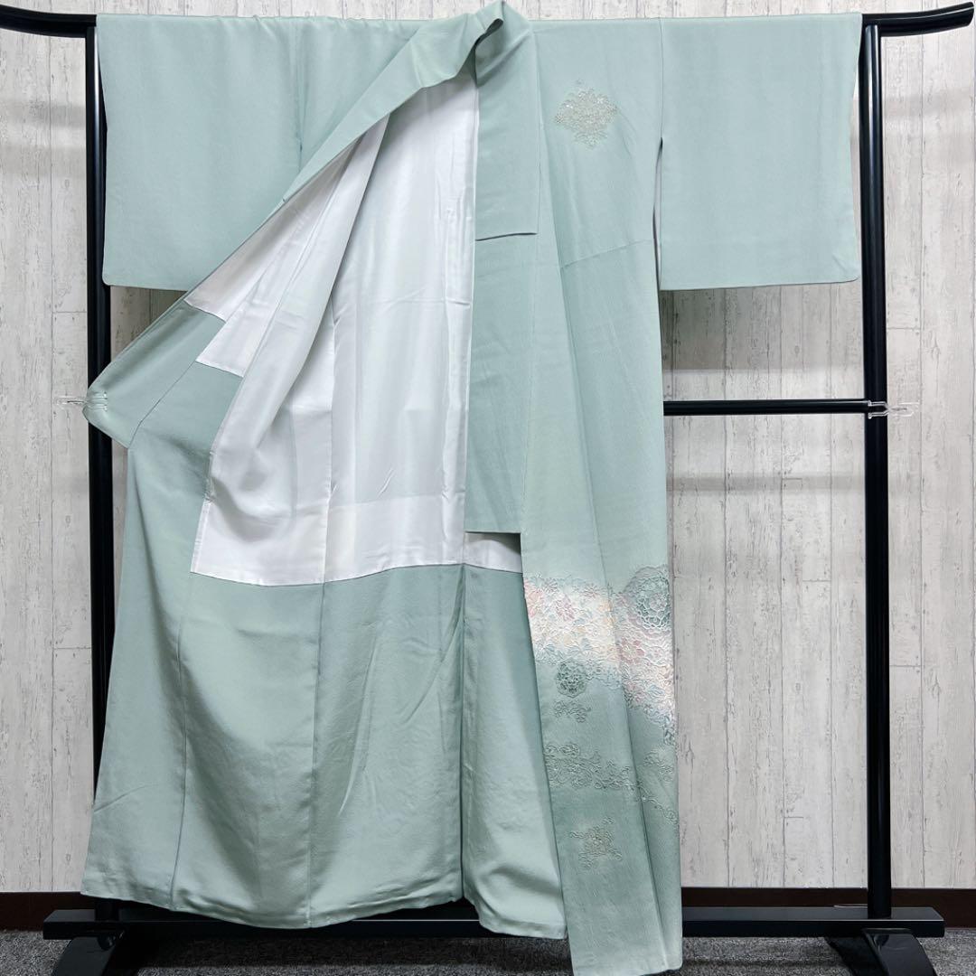大得価HOT 青磁色に相良刺繍の訪問着 着物 HfO0q-m60355190400 シースルー 新作人気