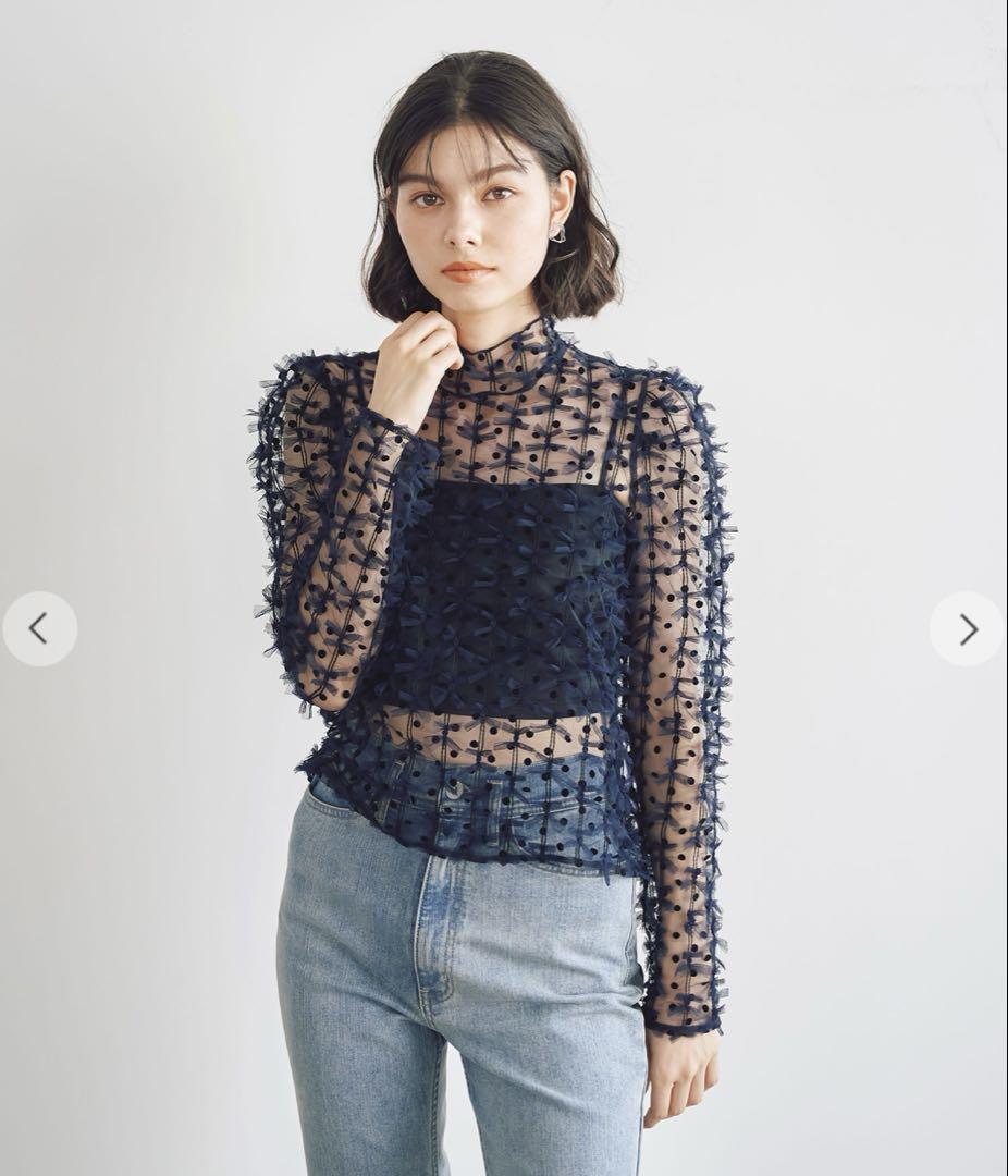 ココディール　リボンドットチュールパフスリーブリブTOPS ネイビー　Mサイズ
