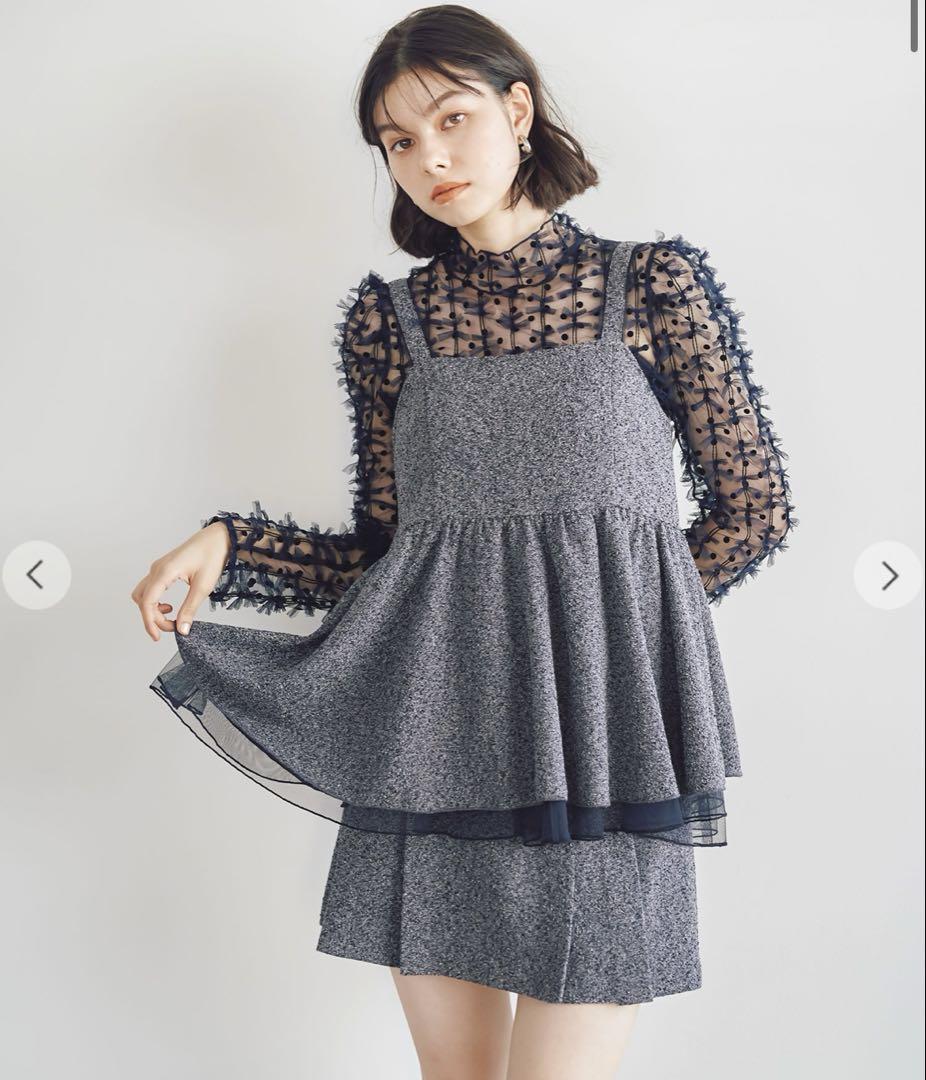 ココディール　リボンドットチュールパフスリーブリブTOPS ネイビー　Mサイズ