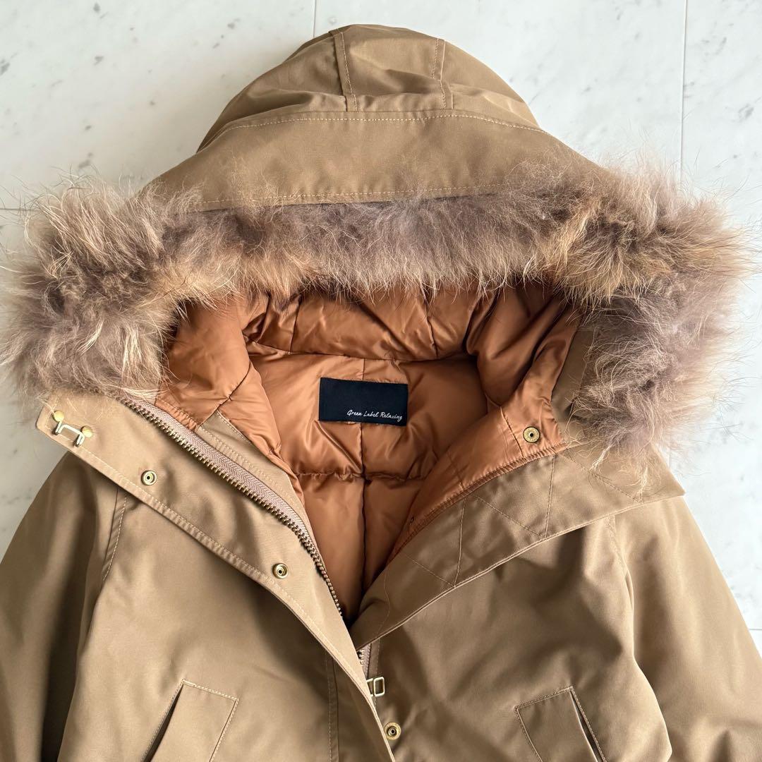 美品 グリーンレーベルリラクシング ラクーンファー シームレスダウンコート 美品 グリーンレーベルリラクシング ラクーンファー シームレスダウンコート