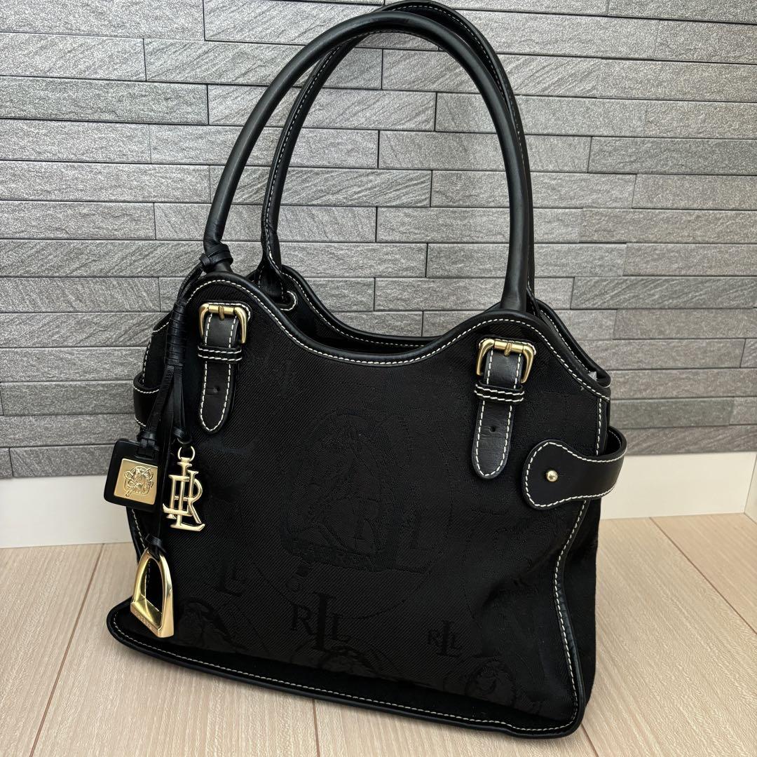 ローレンラルフローレン　モノグラム　ハンドバッグ　ブラック　ゴールド　金具