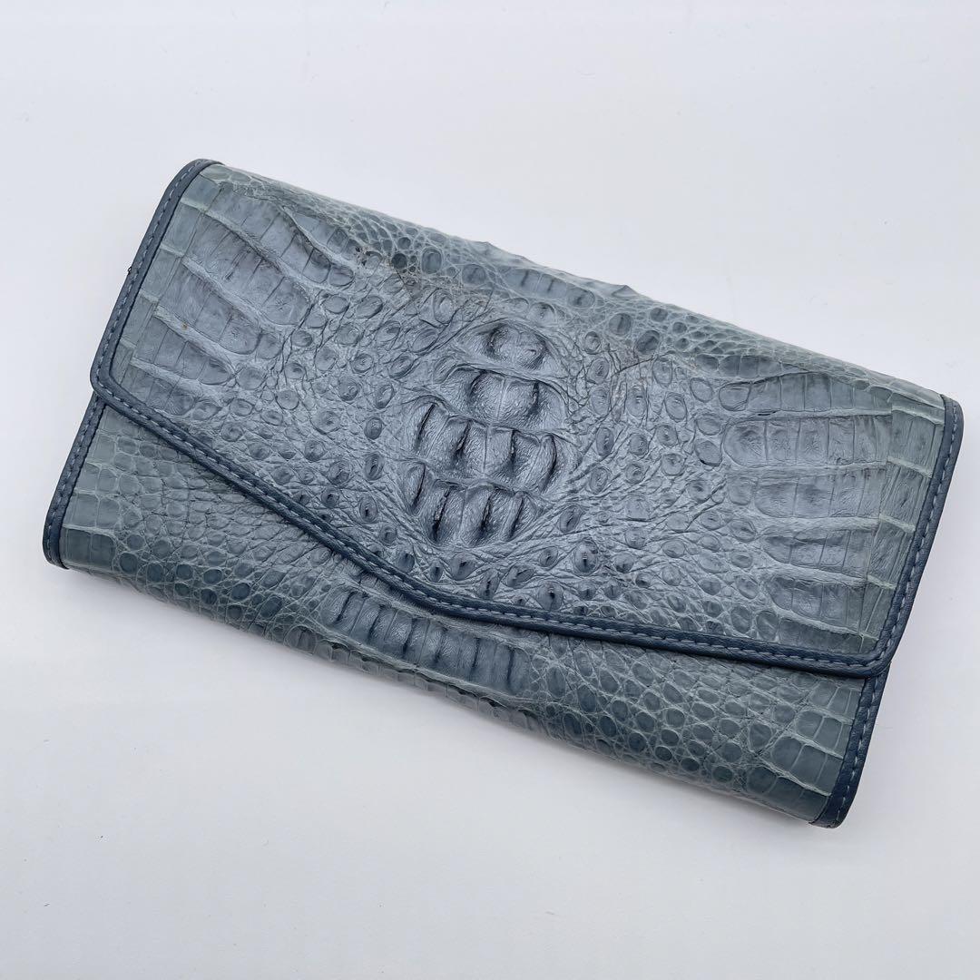 極美品✨ ロダニア ワニ革 カイマン ワニ革 リアルレザー フラップ 長財布 青