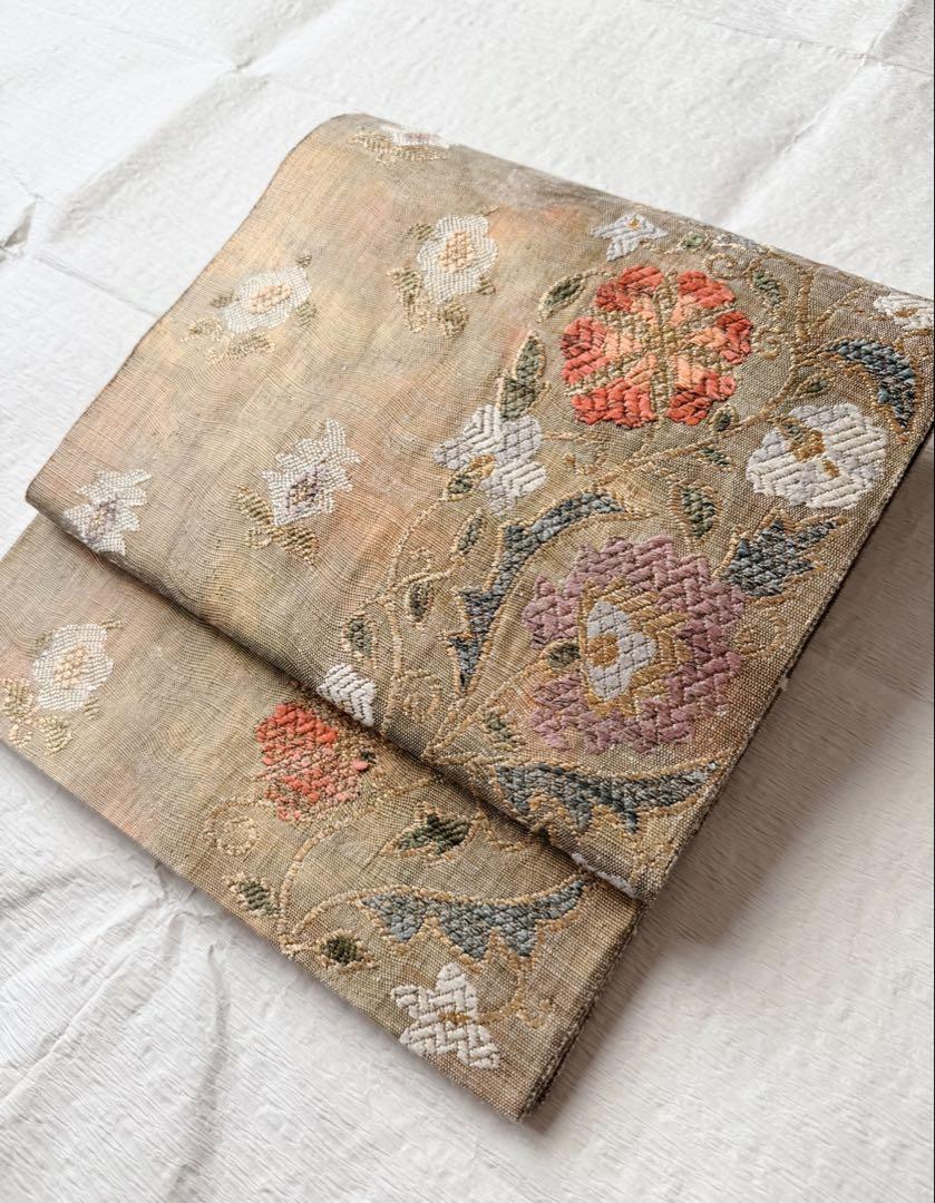 正絹　袋帯　紬地　金通し　モール刺繍　金彩　華唐草