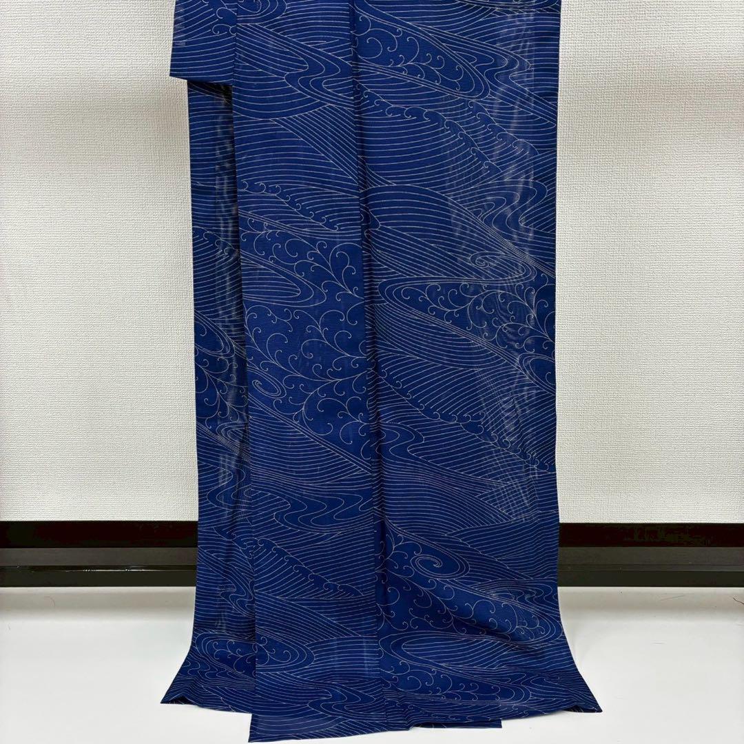 夏 着物 洗える着物 絽 裄67 波模様 小紋 着物 正絹 T-7879 夏 着物 洗える着物 絽 裄67 波模様 小紋 着物 正絹 T-7879