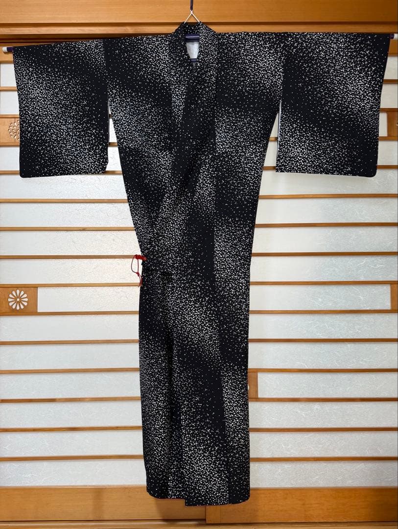 黒地白四角ドット模様 丹後縮緬 小紋着物