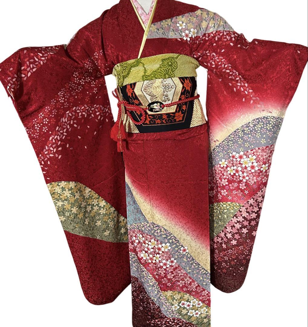 メーカー 一覧 振袖赤金通し￼桜ぼかし染め駒刺繍長襦袢付き中古 - メルカリ 着物・浴衣