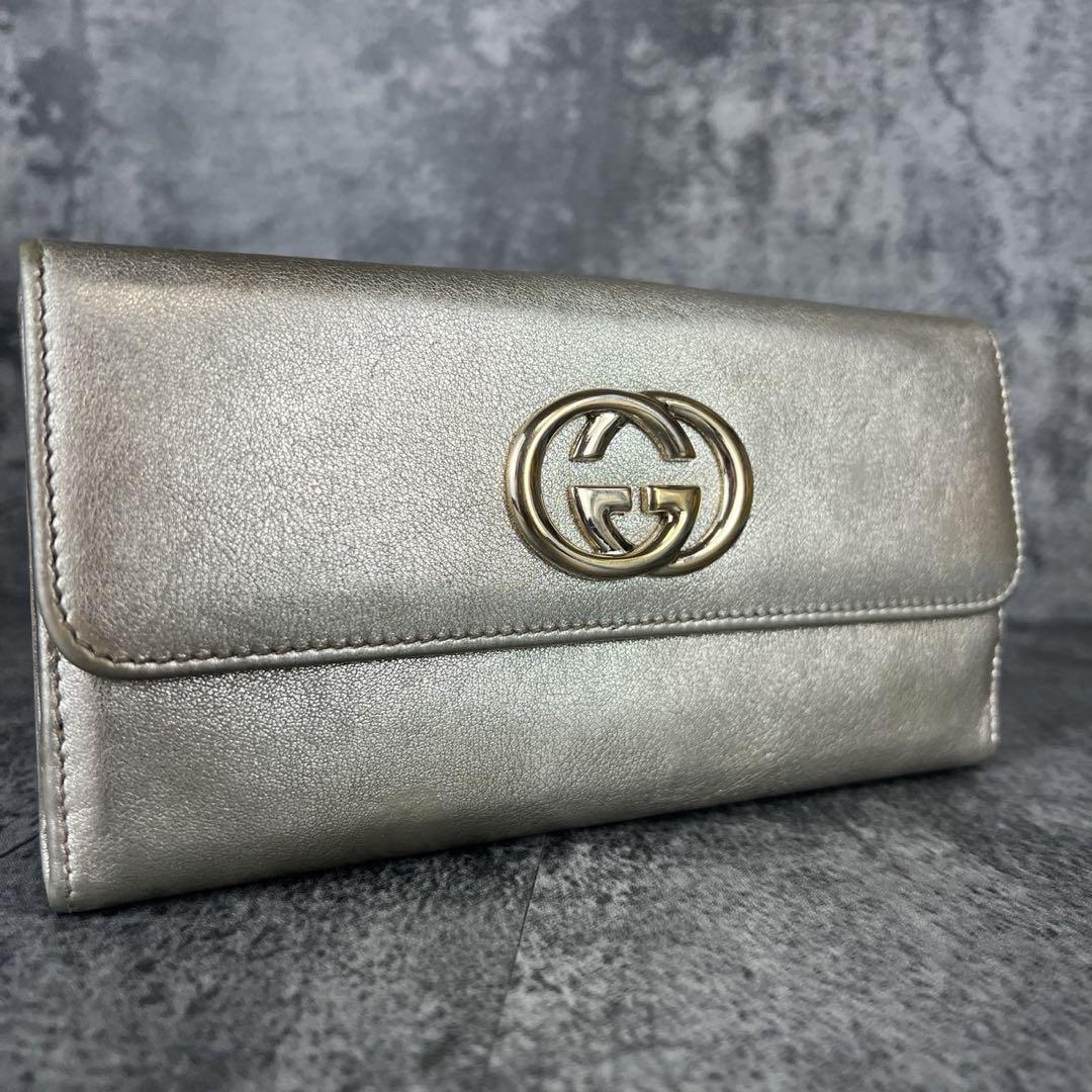 GUCCI インターロッキング長財布 ゴールド レザー