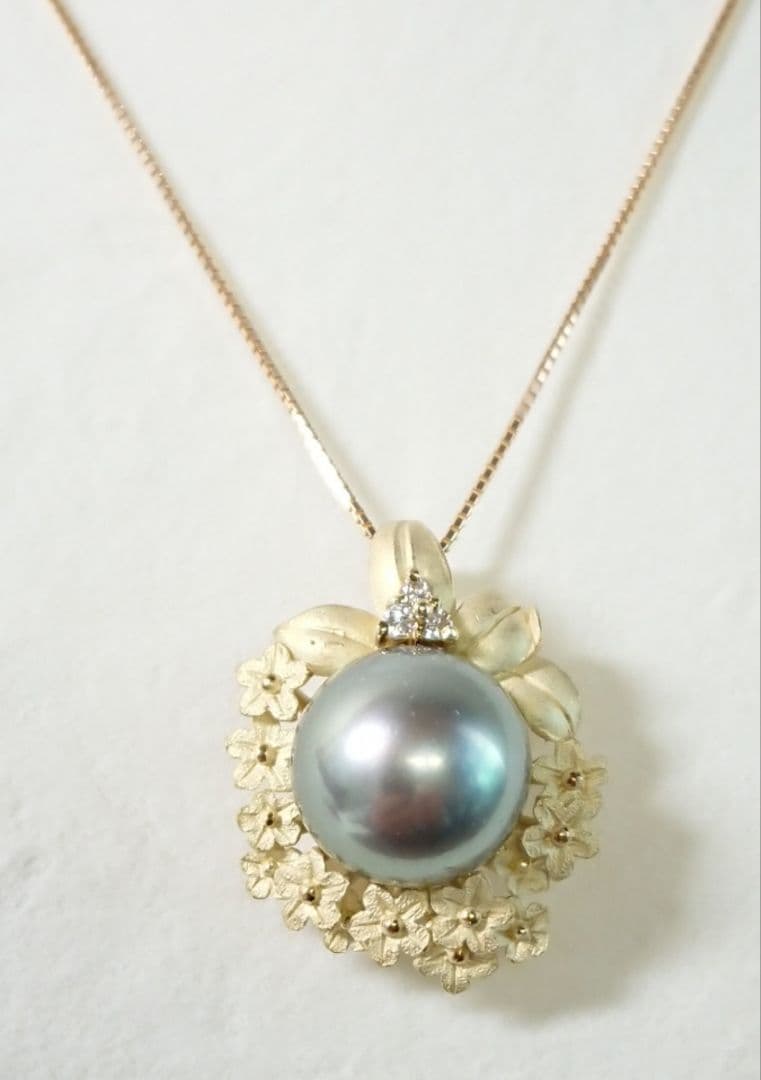 K18 タヒチパール ネックレス 11.4mm ダイヤ入り