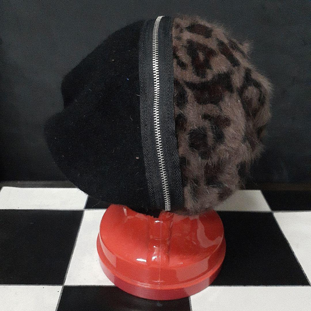 ロカビリーパンクロック豹柄レオパード×ブラック切り替えZIPベレー帽
