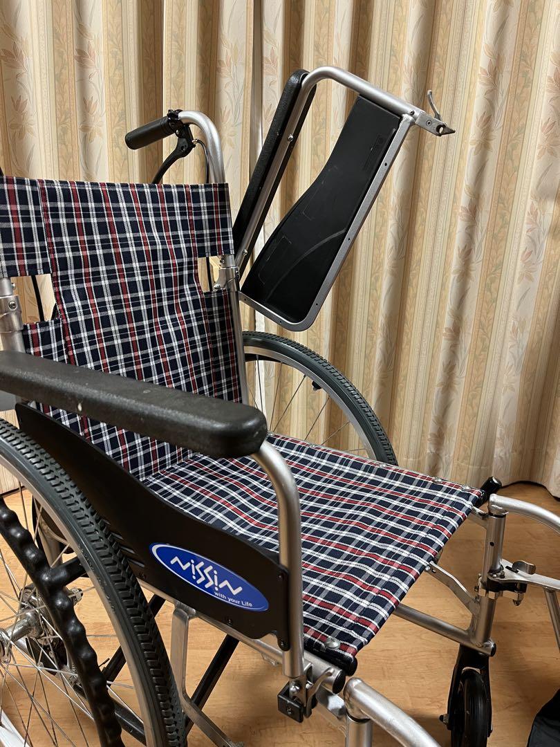 4／20までの出品　チェック柄 車椅子 青色クッション付き