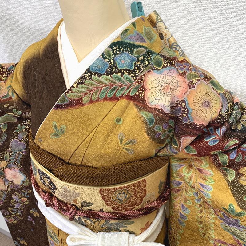 505z17〇金通し 振袖 地紋 辻が花文様 辛子色 焦げ茶〇成人式 結婚式 505z17〇金通し 振袖 地紋 辻が花文様 辛子色 焦げ茶〇成人式 結婚式