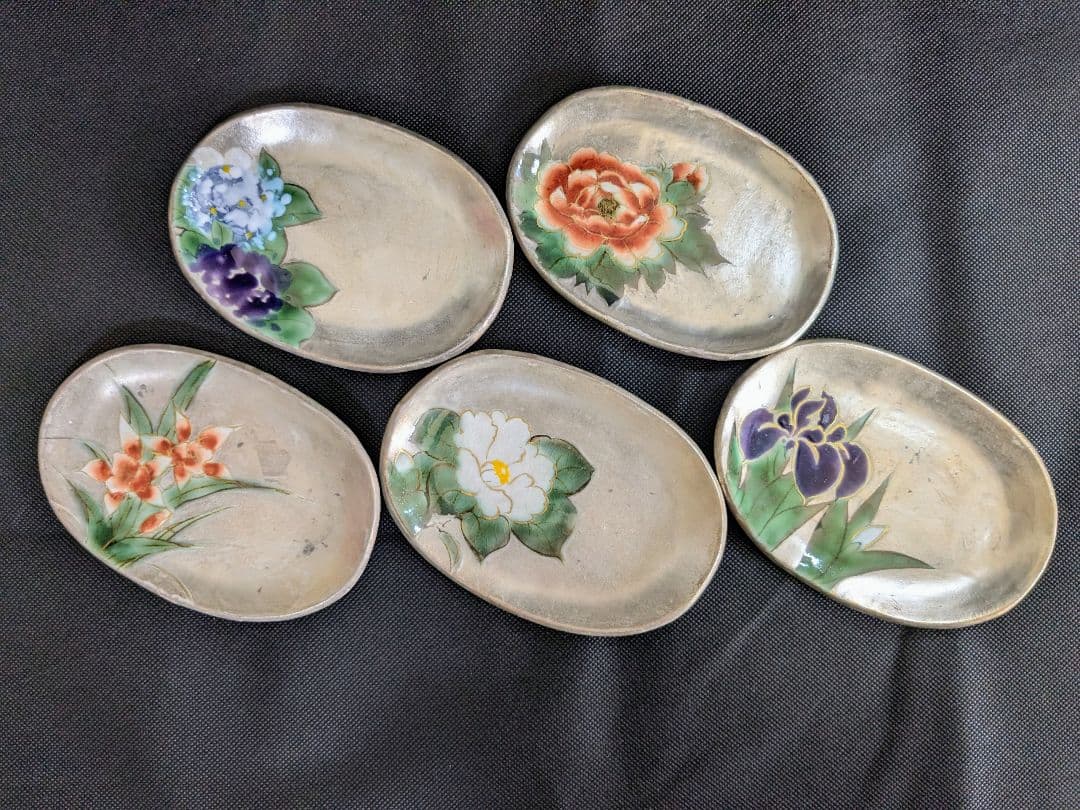 陶あん 清水焼 京焼 色絵付け 銀彩小皿 5枚セットやや傷や汚れあり