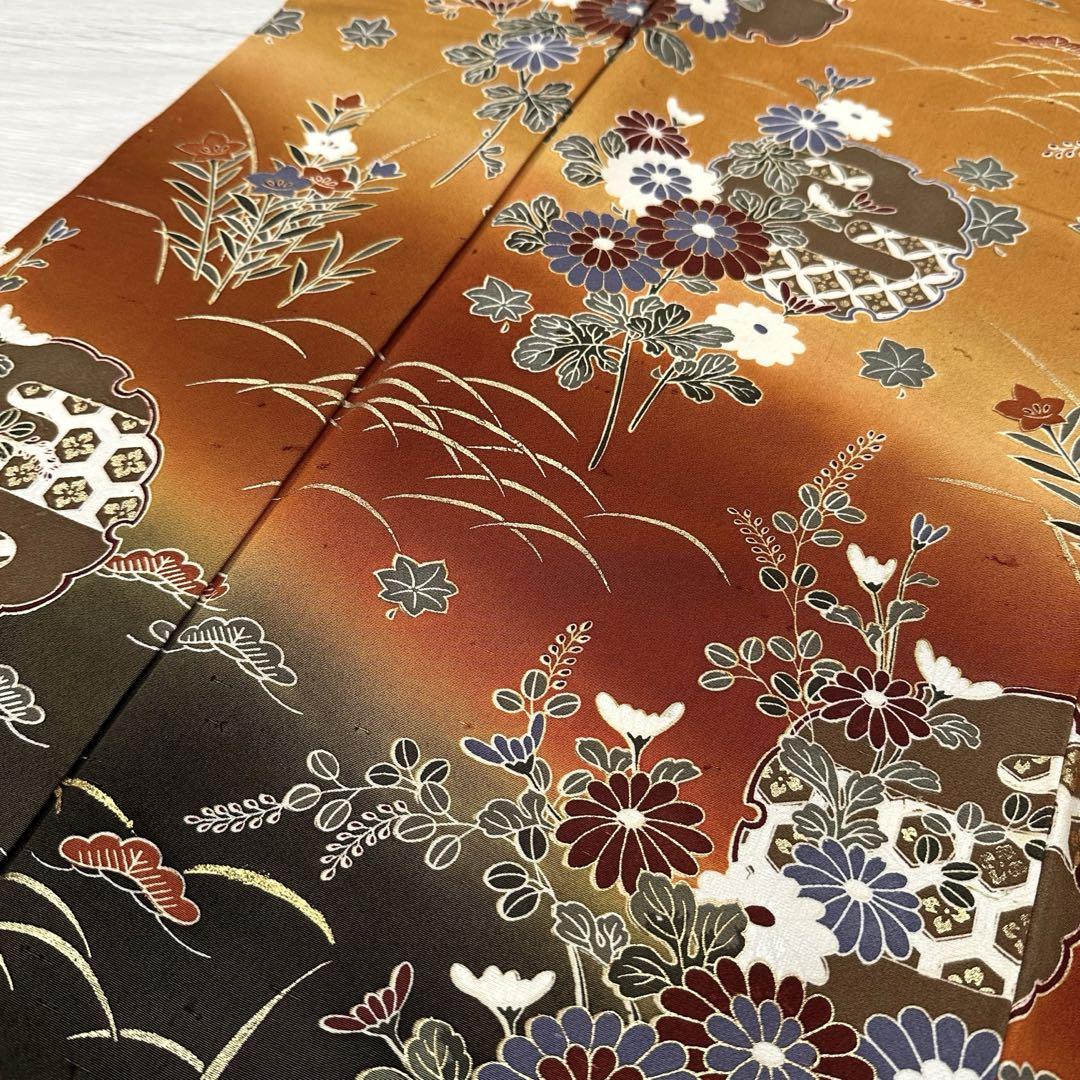 小紋付下げ 裄66 雪輪に花模様 華やかな染め 着物 正絹 広衿 RK